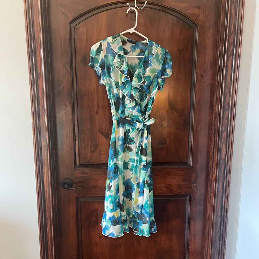 MSK dress size 6 watercolor floral sheer ruffled dress